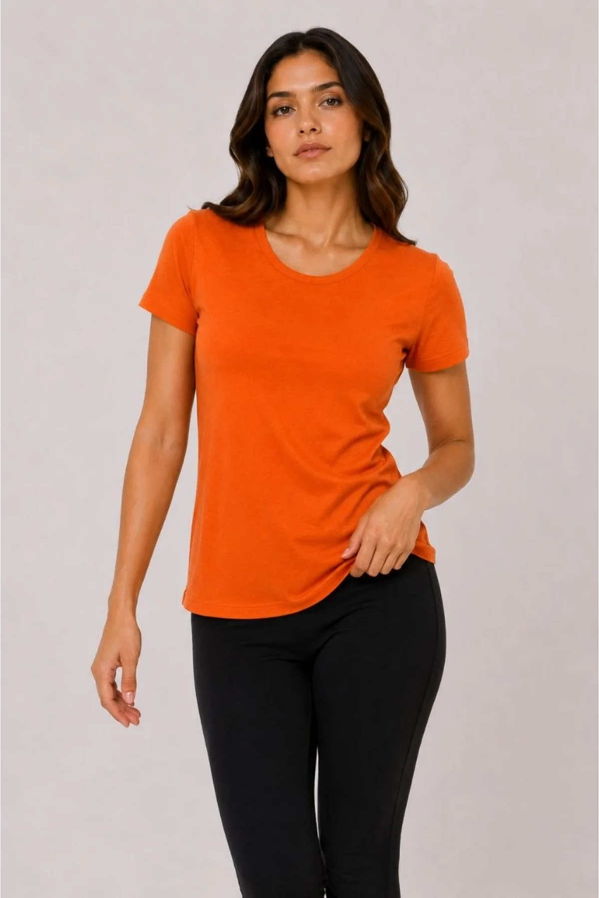 Kadın Basic Tişört Bisiklet Yaka Kısa Kol Günlük Yazlık Slim fit T-Shirt - Turuncu