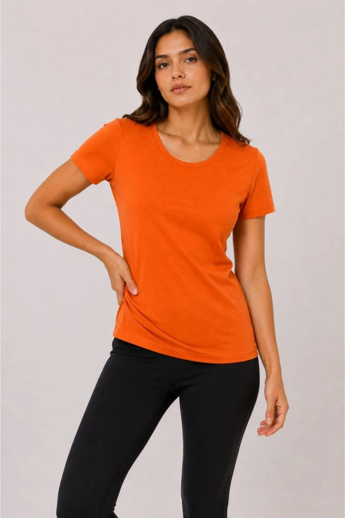 Kadın Basic Tişört Bisiklet Yaka Kısa Kol Günlük Yazlık Slim fit T-Shirt - Turuncu