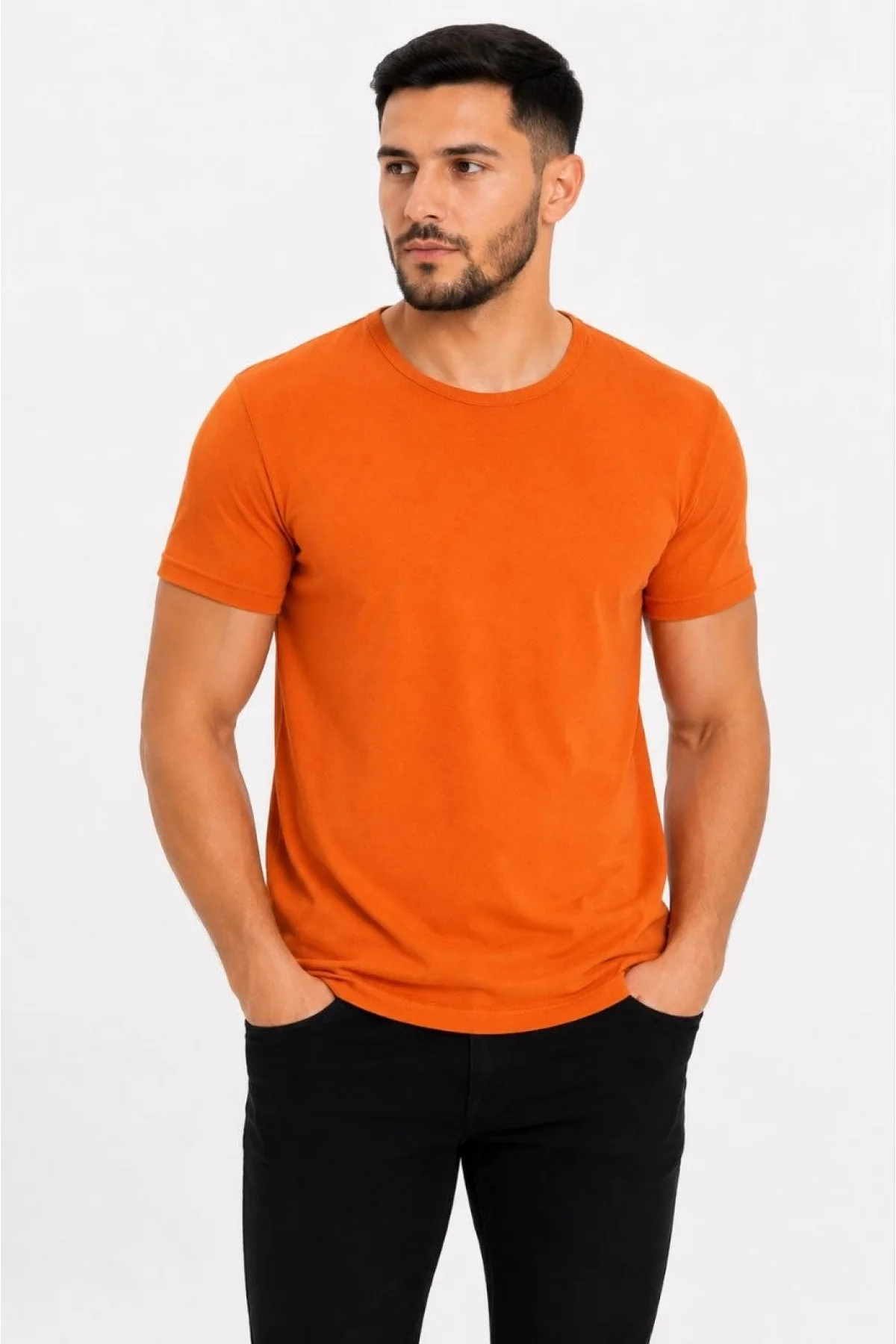 Erkek Basic Tişört Bisiklet Yaka Kısa Kol Günlük Yazlık Slim fit T-Shirt - Turuncu