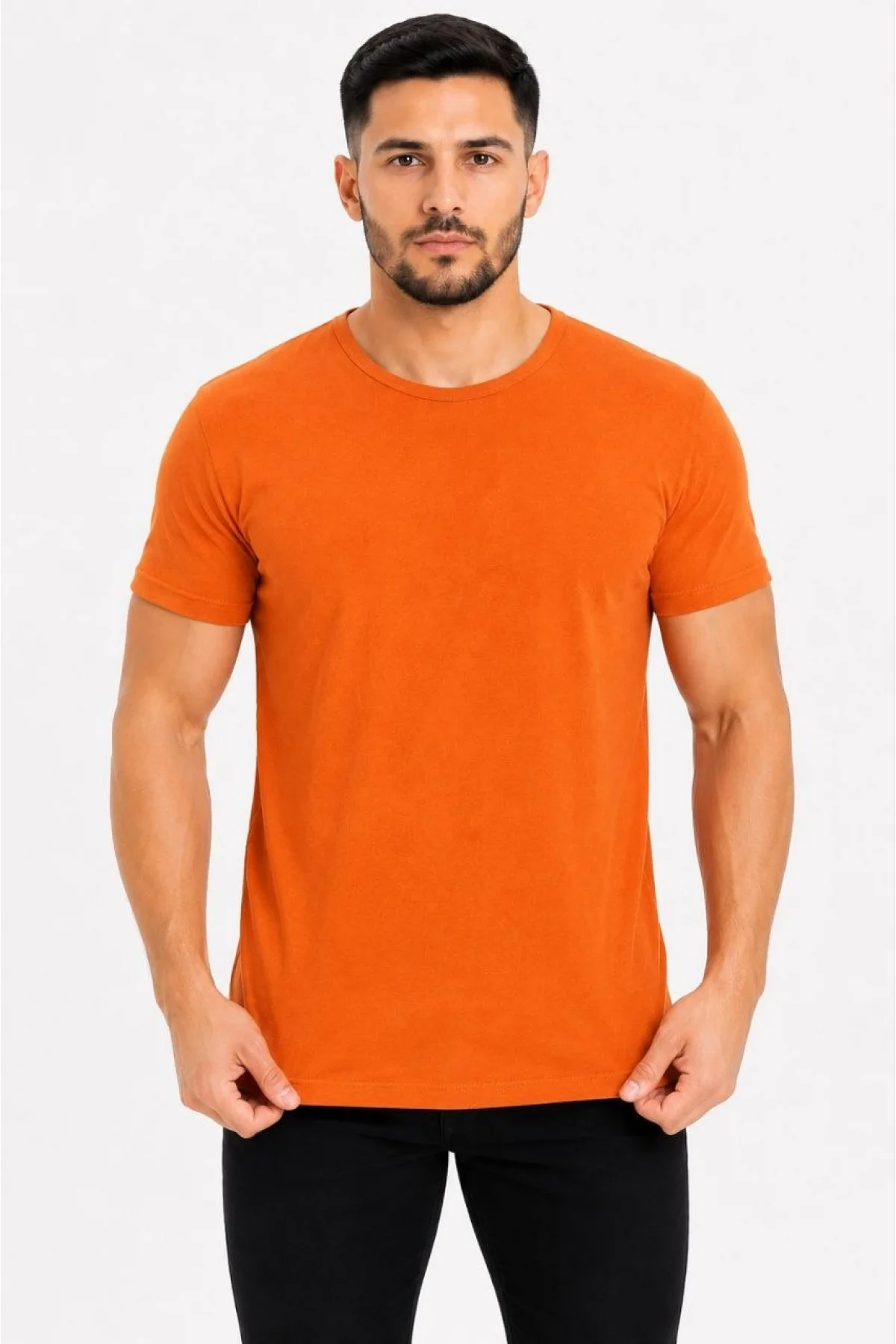 Erkek Basic Tişört Bisiklet Yaka Kısa Kol Günlük Yazlık Slim fit T-Shirt - Turuncu