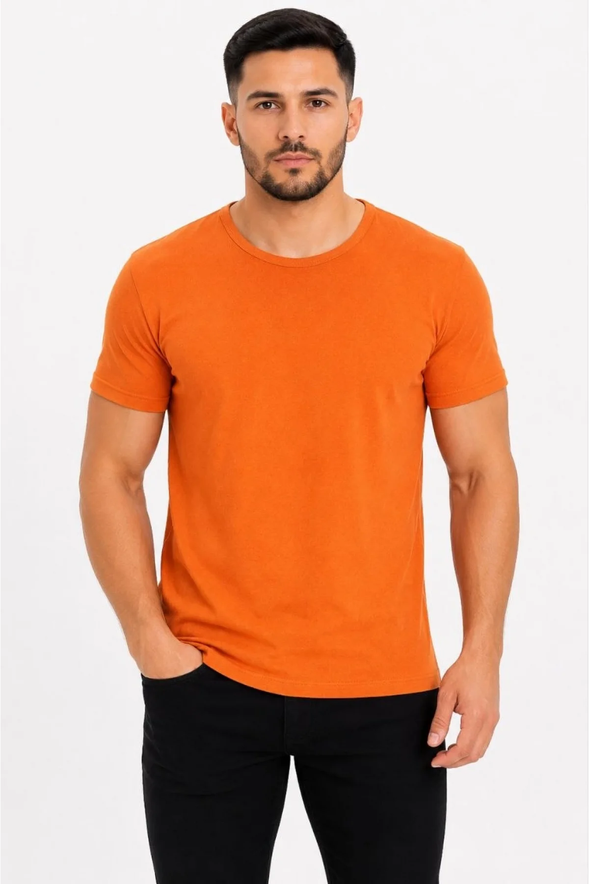 Erkek Basic Tişört Bisiklet Yaka Kısa Kol Günlük Yazlık Slim fit T-Shirt - Turuncu