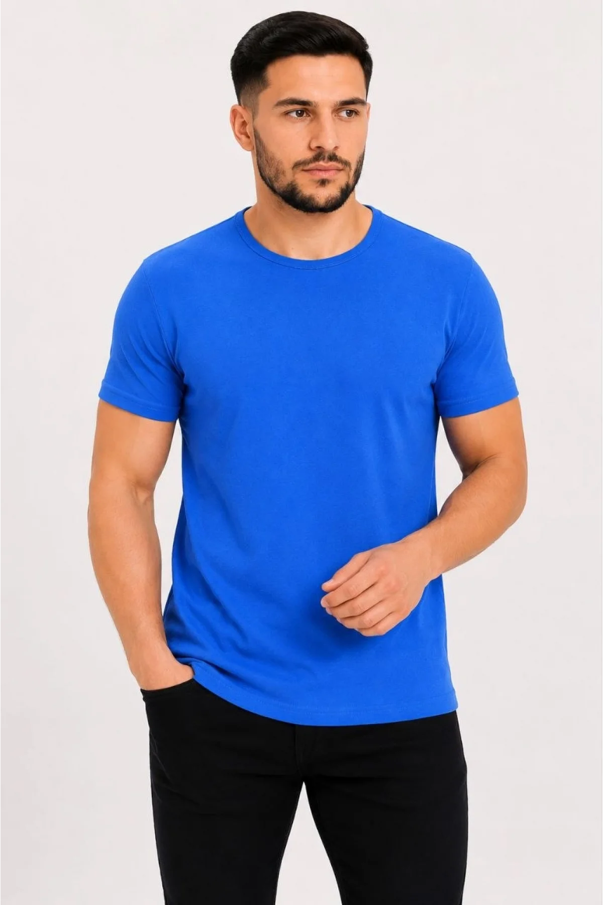 Erkek Basic Tişört Bisiklet Yaka Kısa Kol Günlük Yazlık Slim fit T-Shirt - Saks Mavisi