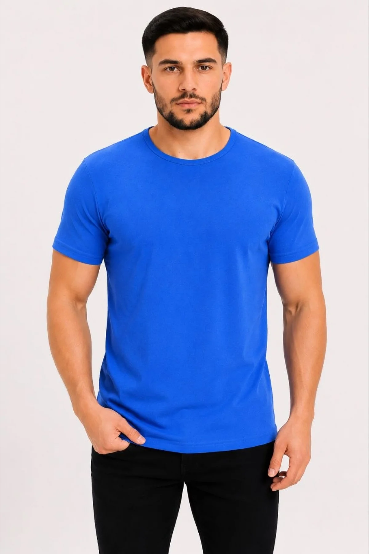 Erkek Basic Tişört Bisiklet Yaka Kısa Kol Günlük Yazlık Slim fit T-Shirt - Saks Mavisi
