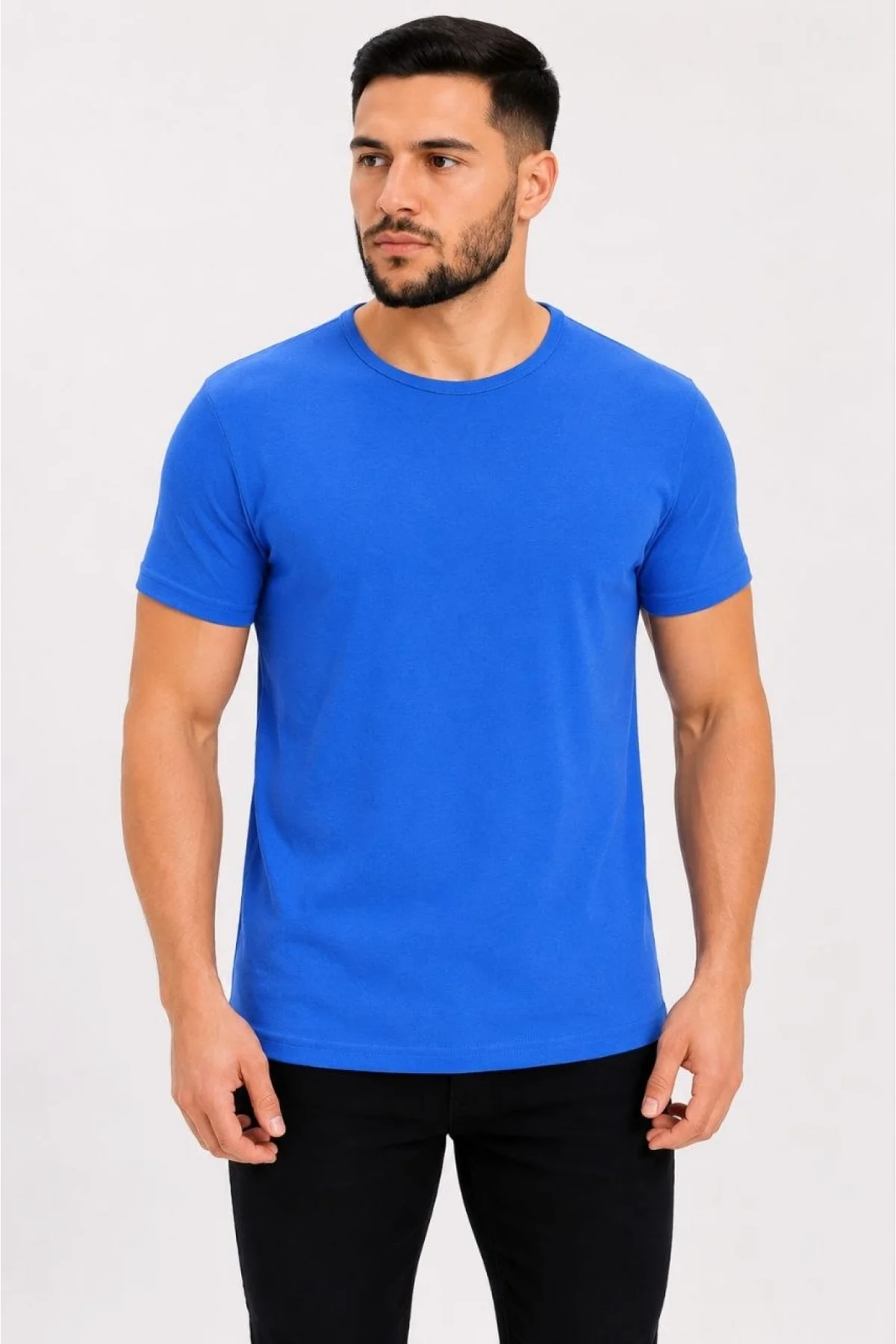 Erkek Basic Tişört Bisiklet Yaka Kısa Kol Günlük Yazlık Slim fit T-Shirt - Saks Mavisi