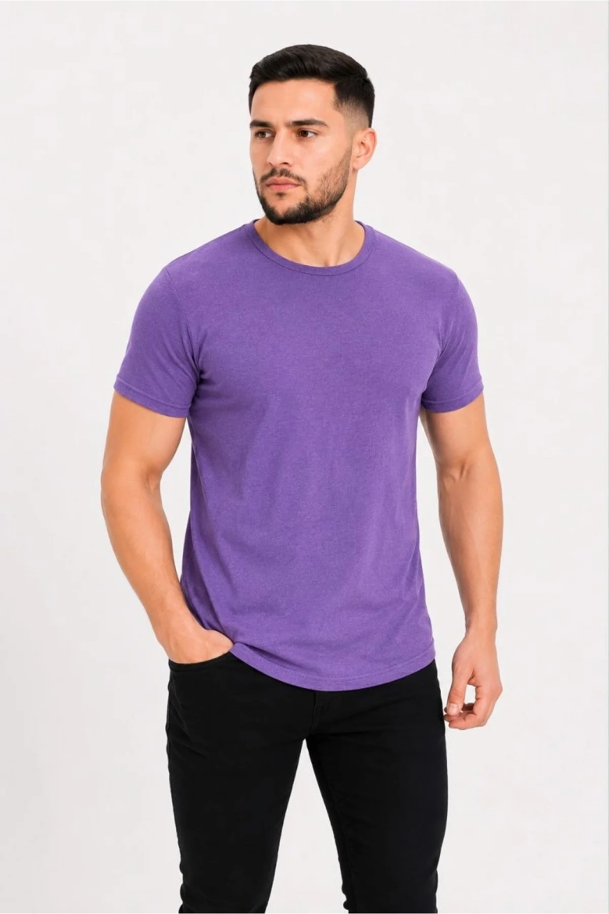 Erkek Basic Tişört Bisiklet Yaka Kısa Kol Günlük Yazlık Slim fit T-Shirt - Mor