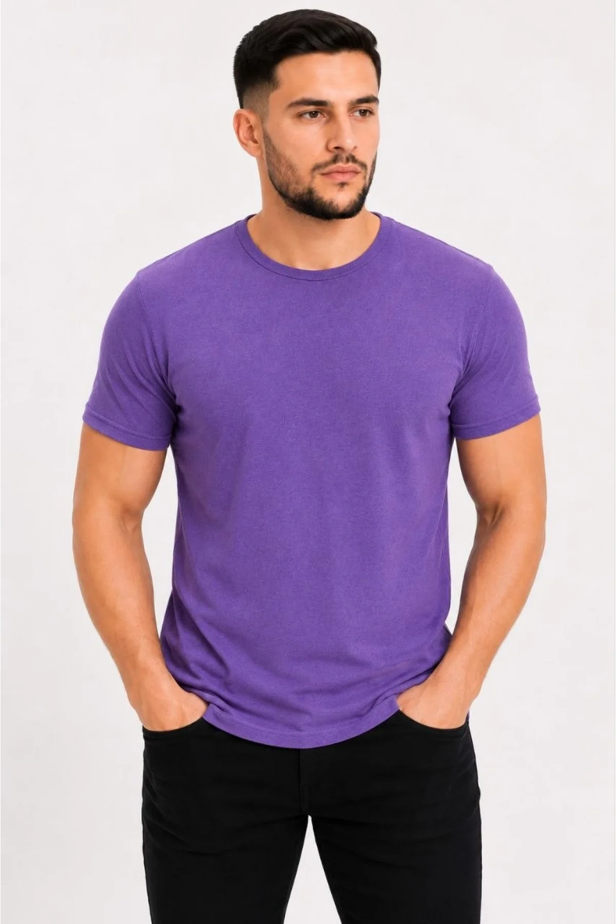 Erkek Basic Tişört Bisiklet Yaka Kısa Kol Günlük Yazlık Slim fit T-Shirt - Mor