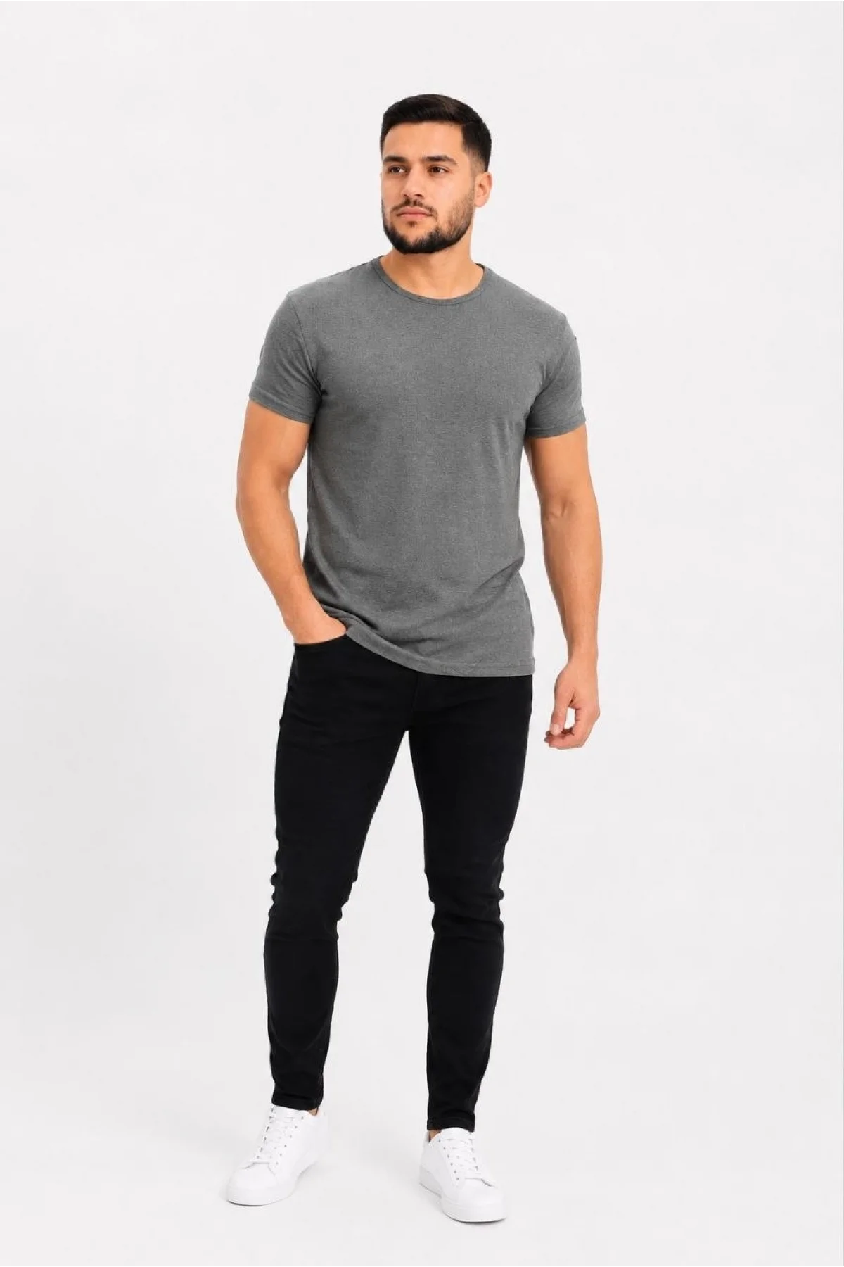 Erkek Basic Tişört Bisiklet Yaka Kısa Kol Günlük Yazlık Slim fit T-Shirt - Antrasit