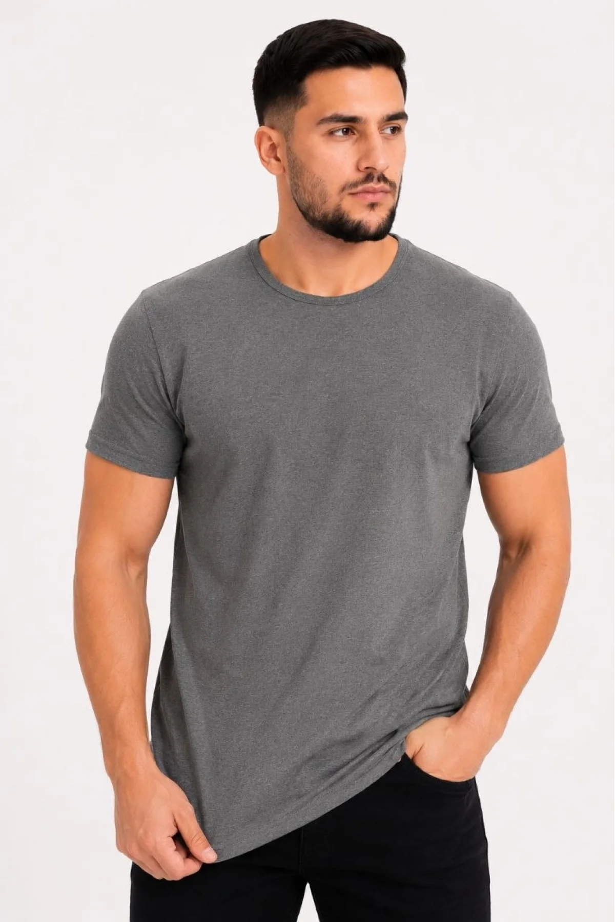 Erkek Basic Tişört Bisiklet Yaka Kısa Kol Günlük Yazlık Slim fit T-Shirt - Antrasit