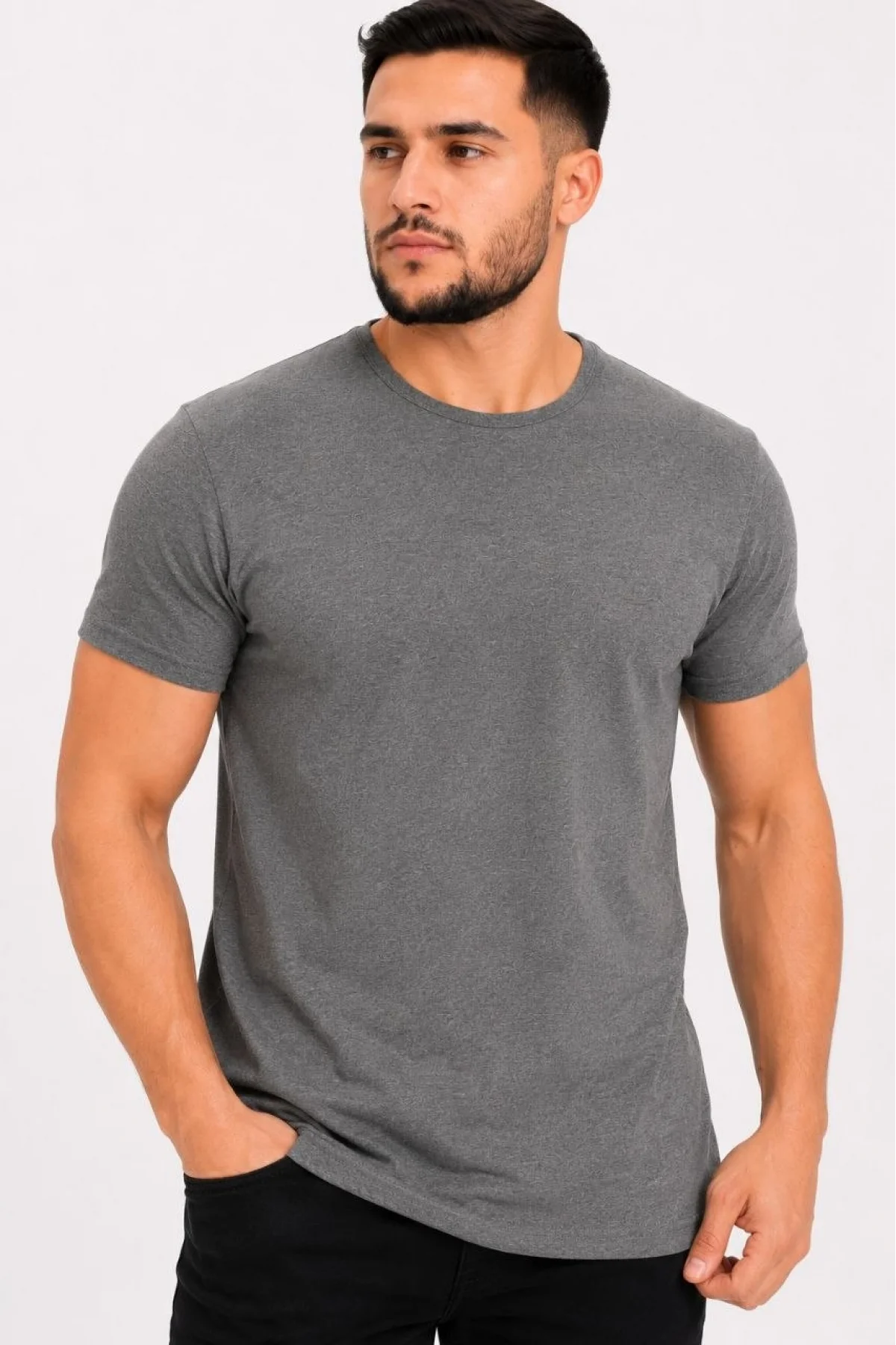 Erkek Basic Tişört Bisiklet Yaka Kısa Kol Günlük Yazlık Slim fit T-Shirt - Antrasit