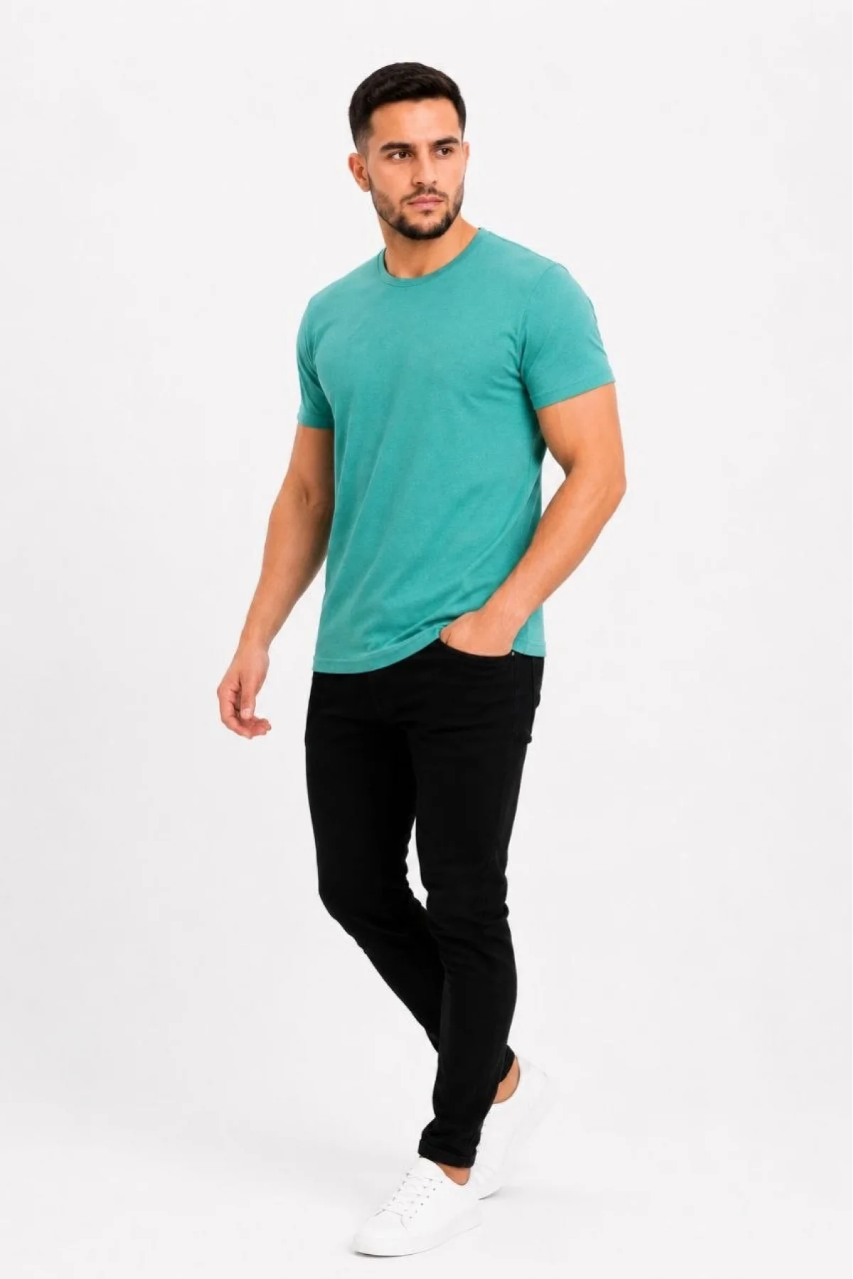 Erkek Basic Tişört Bisiklet Yaka Kısa Kol Günlük Yazlık Slim fit T-Shirt - Su Yeşili