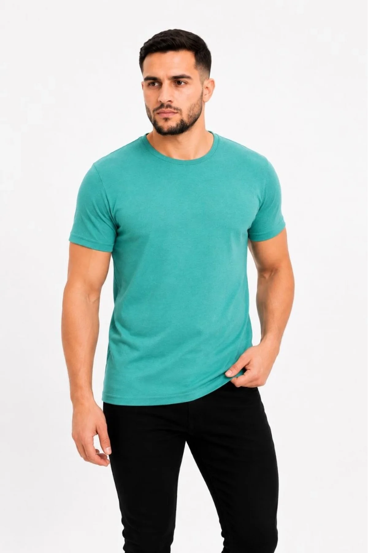 Erkek Basic Tişört Bisiklet Yaka Kısa Kol Günlük Yazlık Slim fit T-Shirt - Su Yeşili