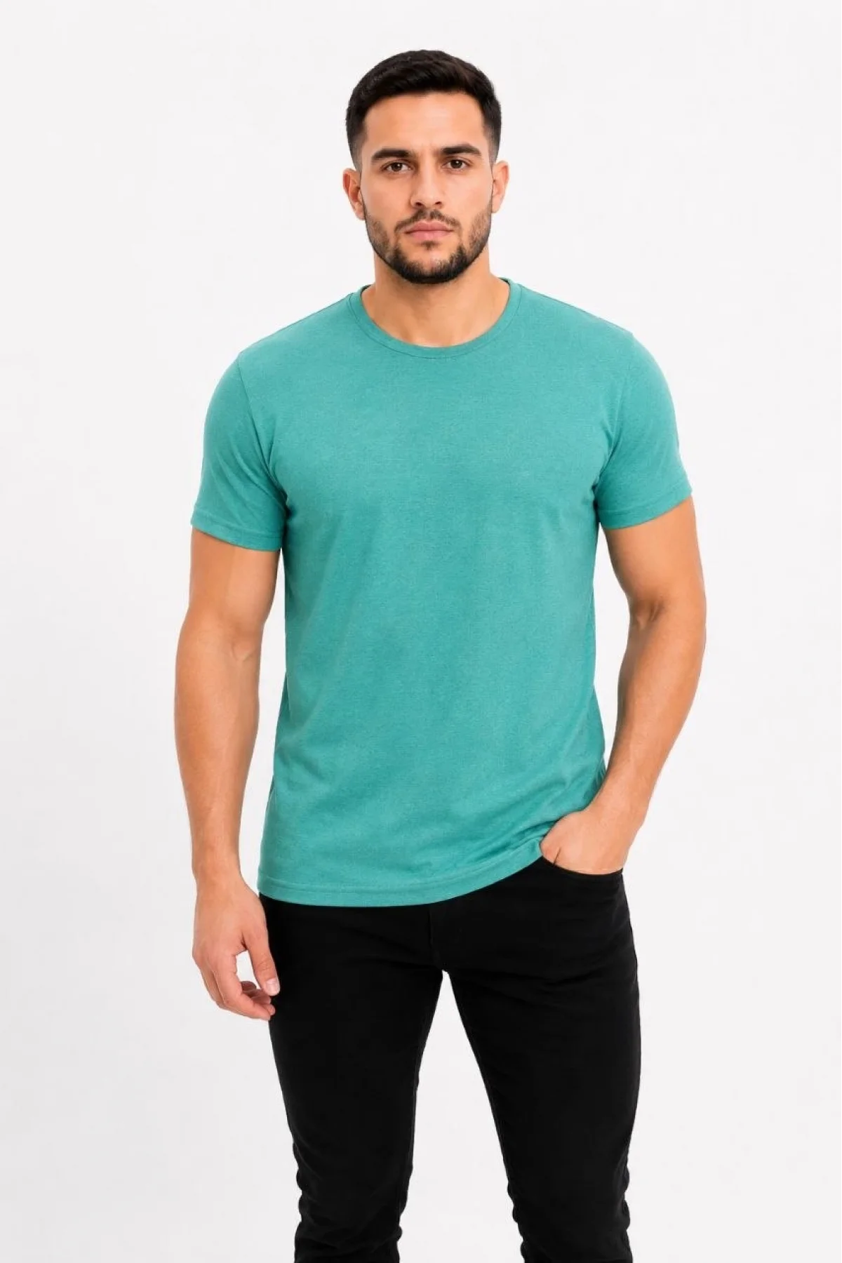 Erkek Basic Tişört Bisiklet Yaka Kısa Kol Günlük Yazlık Slim fit T-Shirt - Su Yeşili