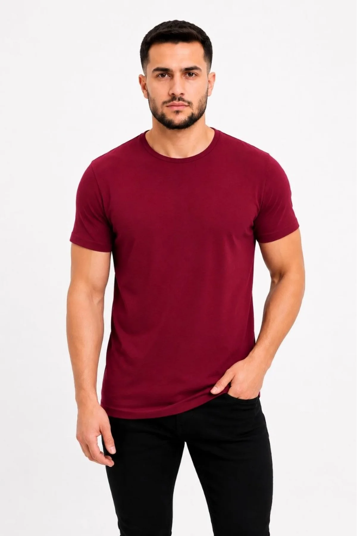 Erkek Basic Tişört Bisiklet Yaka Kısa Kol Günlük Yazlık Slim fit T-Shirt - Bordo
