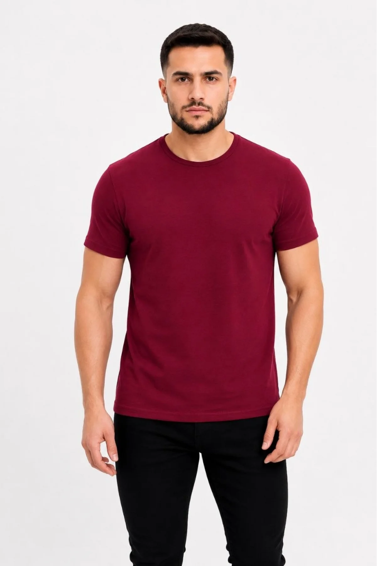 Erkek Basic Tişört Bisiklet Yaka Kısa Kol Günlük Yazlık Slim fit T-Shirt - Bordo