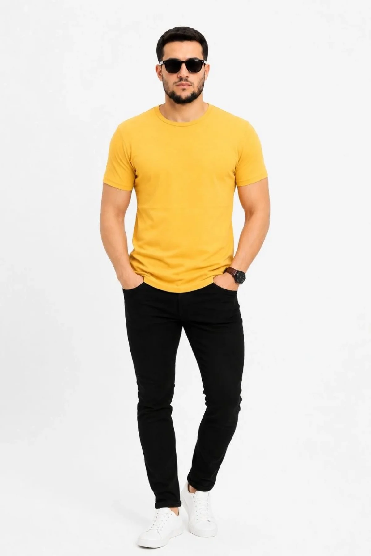 Erkek Basic Tişört Bisiklet Yaka Kısa Kol Günlük Yazlık Slim fit T-Shirt - Sarı