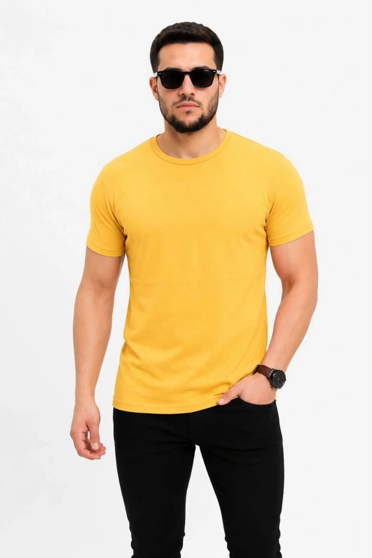 Erkek Basic Tişört Bisiklet Yaka Kısa Kol Günlük Yazlık Slim fit T-Shirt - Sarı