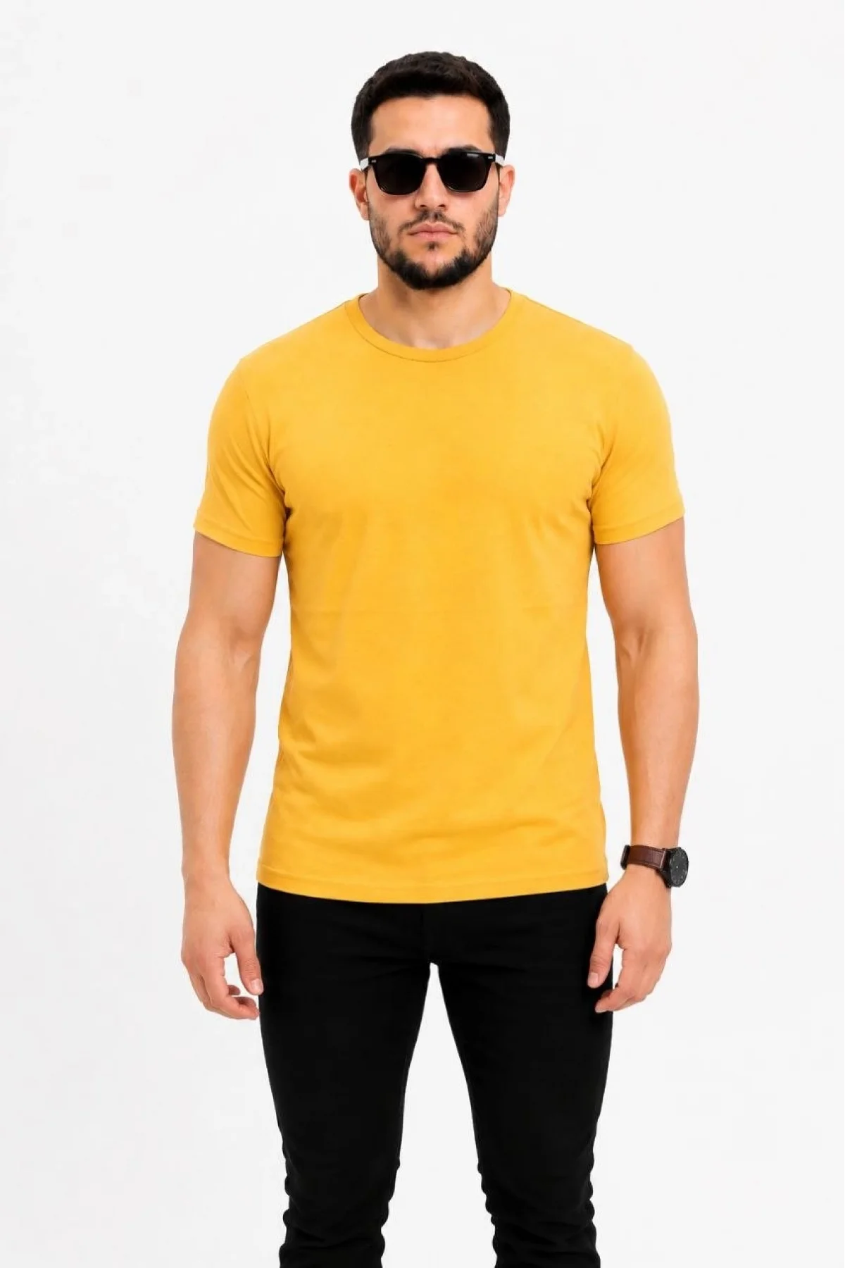Erkek Basic Tişört Bisiklet Yaka Kısa Kol Günlük Yazlık Slim fit T-Shirt - Sarı