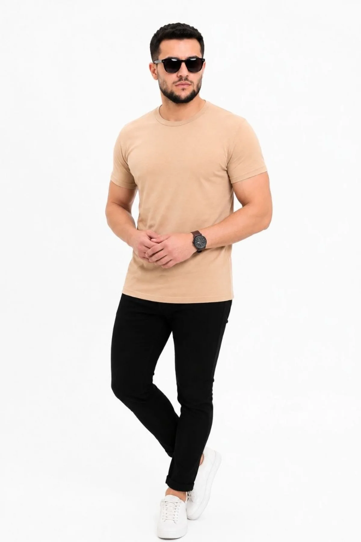 Erkek Basic Tişört Bisiklet Yaka Kısa Kol Günlük Yazlık Slim fit T-Shirt - Bej