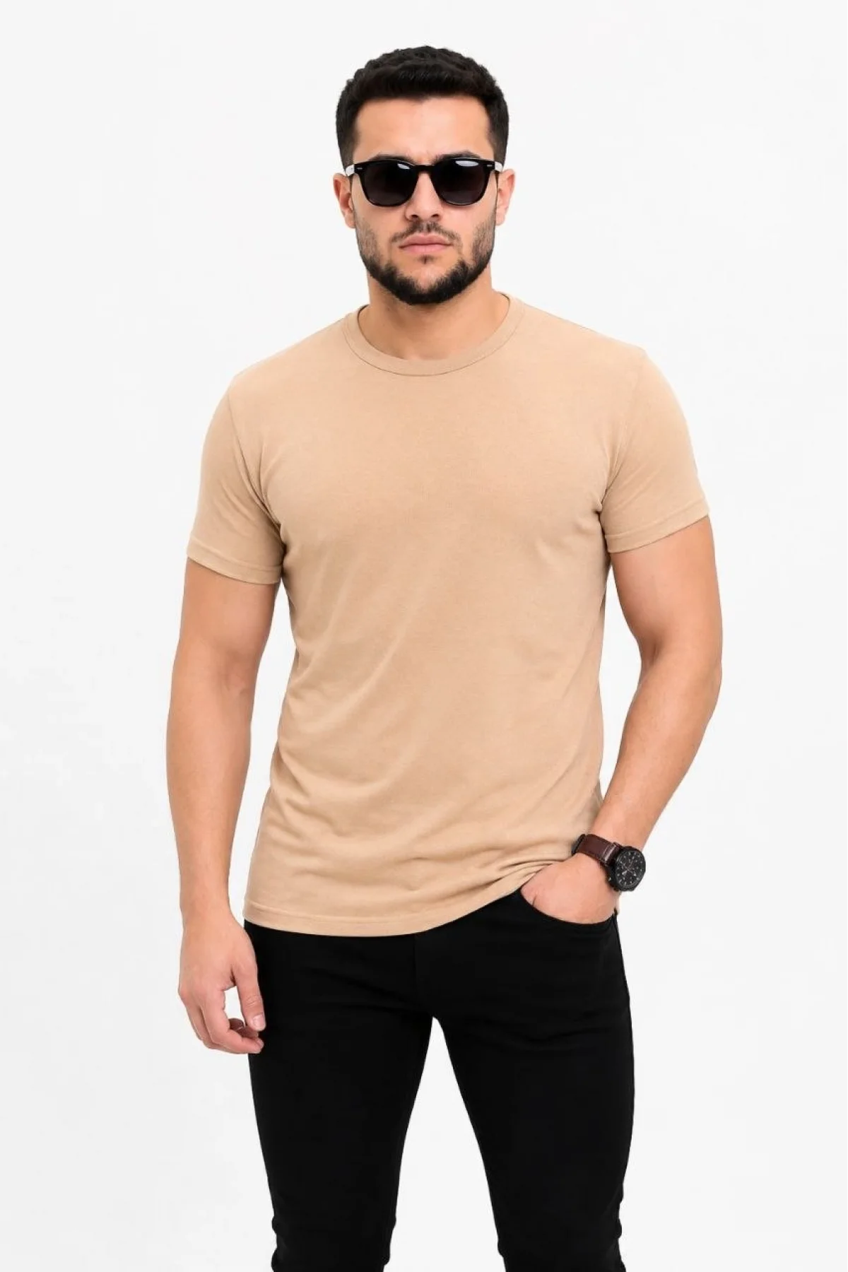 Erkek Basic Tişört Bisiklet Yaka Kısa Kol Günlük Yazlık Slim fit T-Shirt - Bej