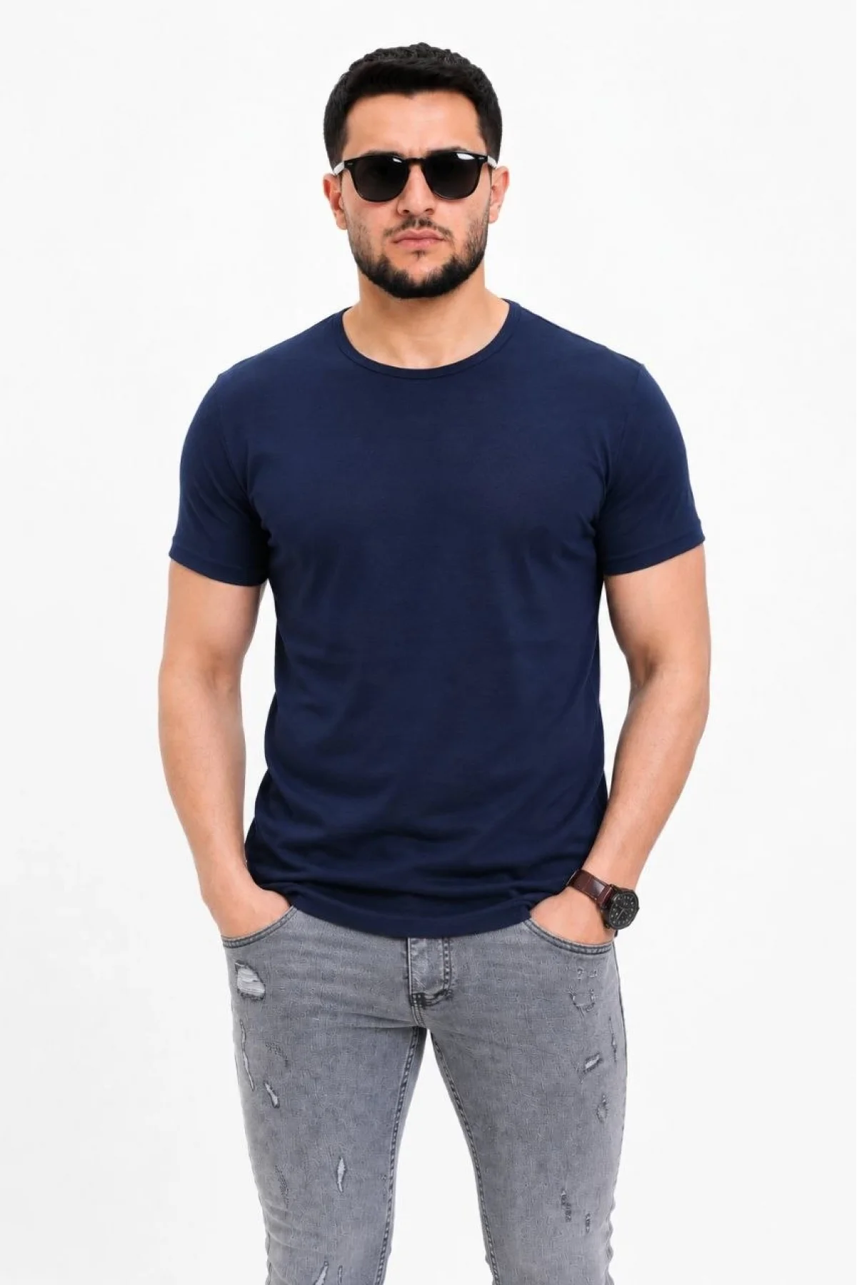 Erkek Basic Tişört Bisiklet Yaka Kısa Kol Günlük Yazlık Slim fit T-Shirt - Lacivert