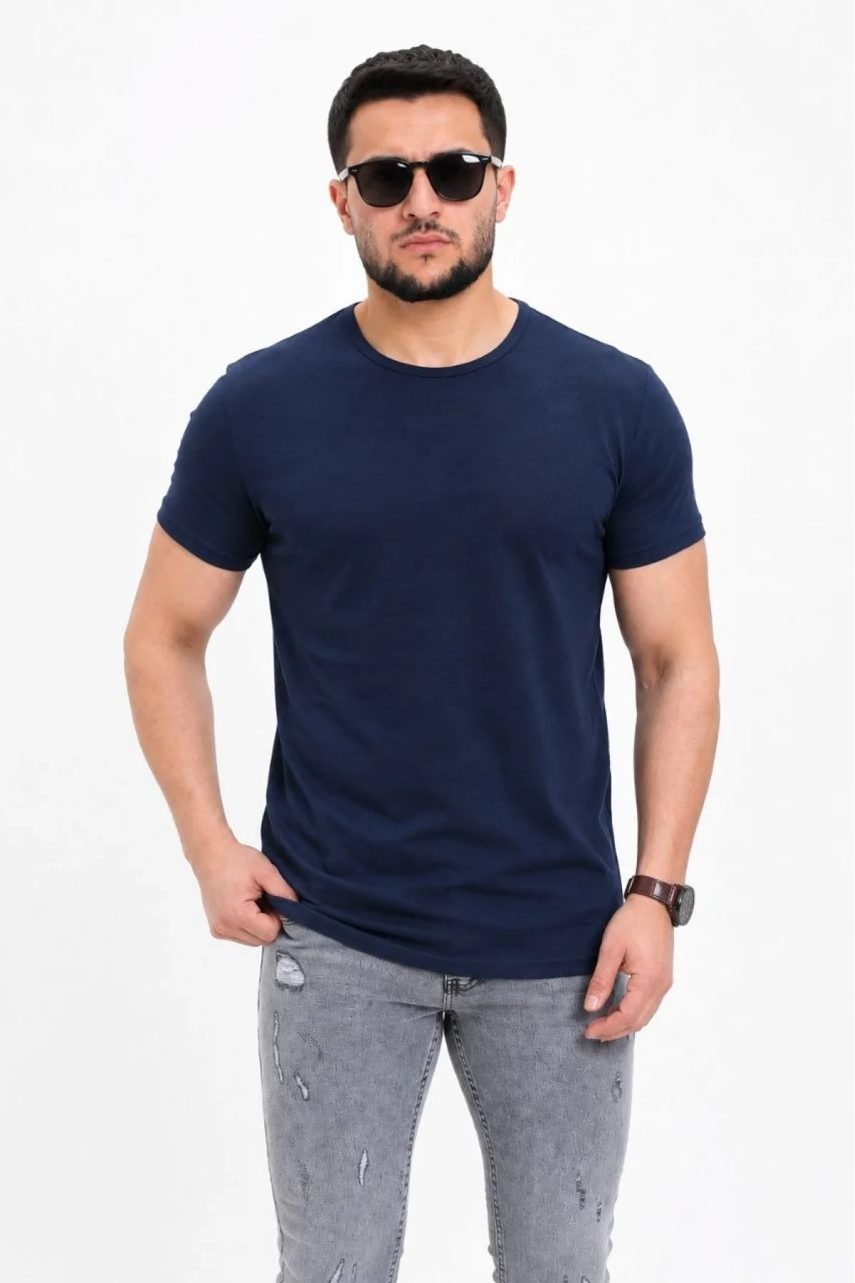 Erkek Basic Tişört Bisiklet Yaka Kısa Kol Günlük Yazlık Slim fit T-Shirt - Lacivert