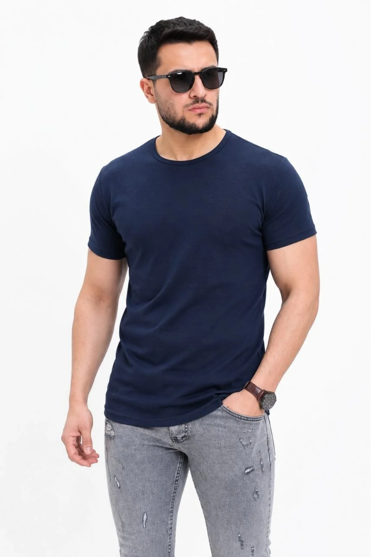Erkek Basic Tişört Bisiklet Yaka Kısa Kol Günlük Yazlık Slim fit T-Shirt - Lacivert
