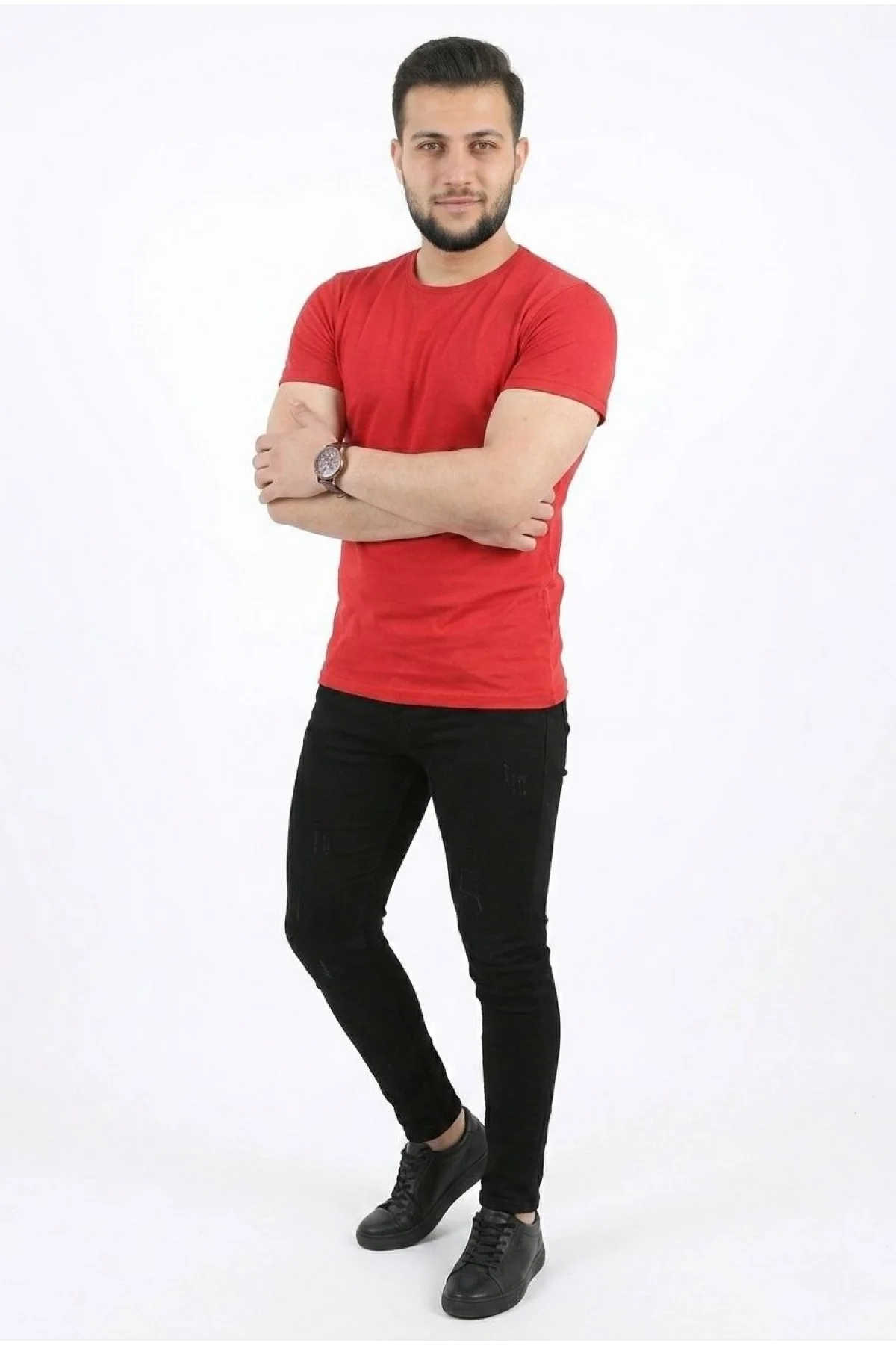 Erkek Basic Tişört Bisiklet Yaka Kısa Kol Günlük Yazlık Slim fit T-Shirt - Kırmızı