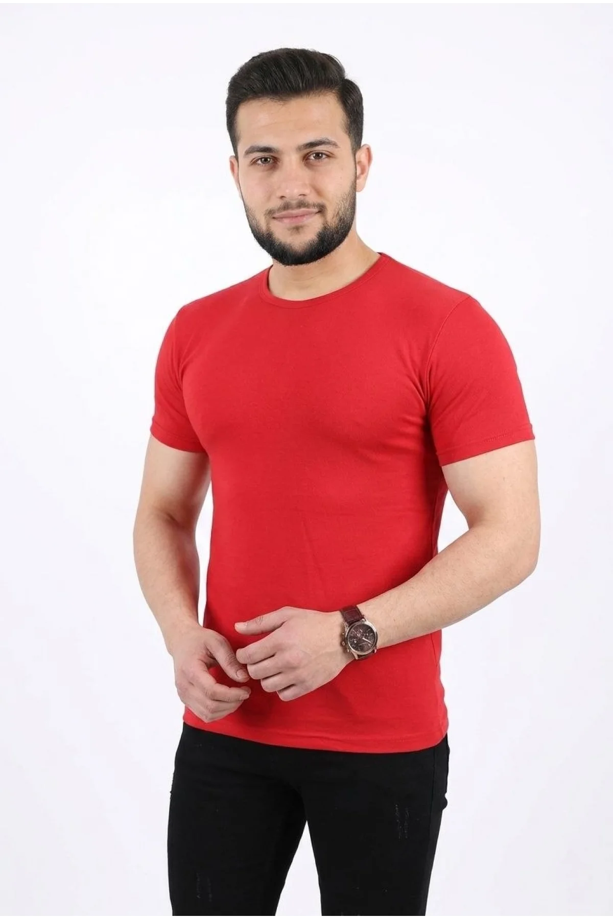 Erkek Basic Tişört Bisiklet Yaka Kısa Kol Günlük Yazlık Slim fit T-Shirt - Kırmızı