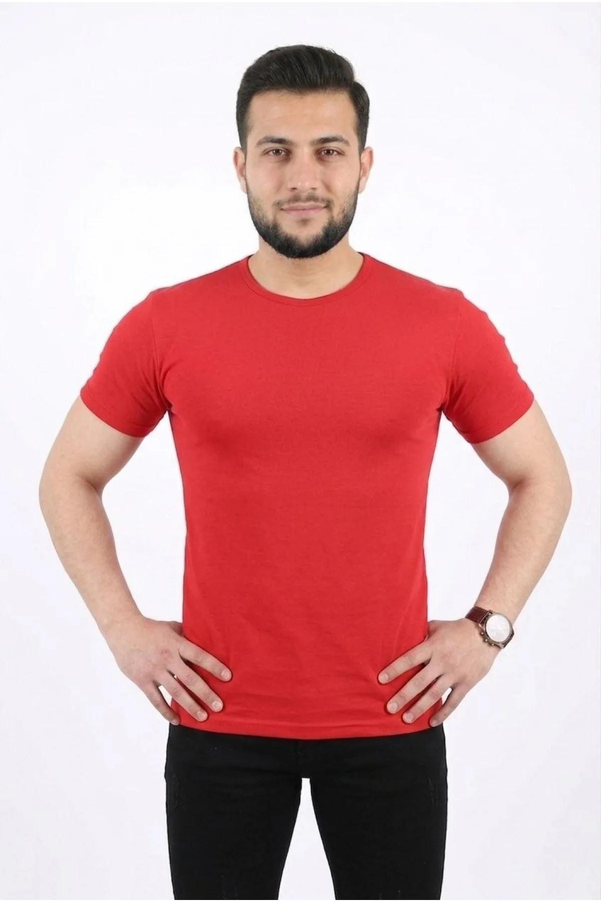 Erkek Basic Tişört Bisiklet Yaka Kısa Kol Günlük Yazlık Slim fit T-Shirt - Kırmızı