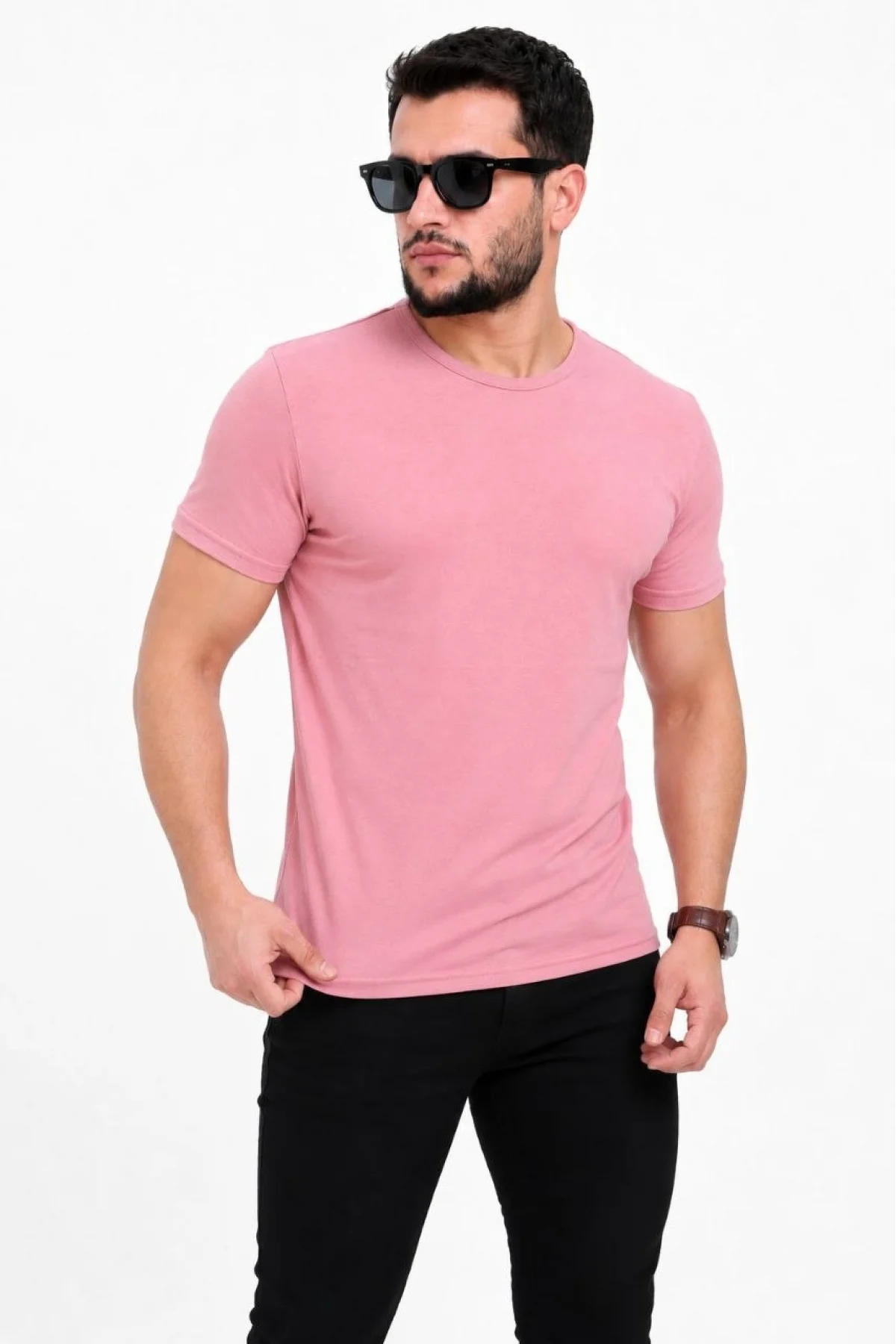 Erkek Basic Tişört Bisiklet Yaka Kısa Kol Günlük Yazlık Slim fit T-Shirt - Pembe