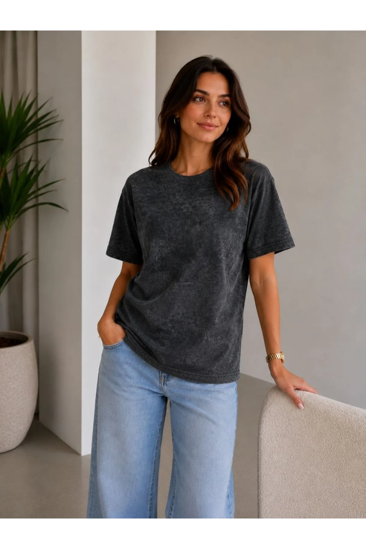 Kadın Batik Desenli Tişört Bisiklet Yaka Kısa Kol Regular Fit T-shirt - Siyah