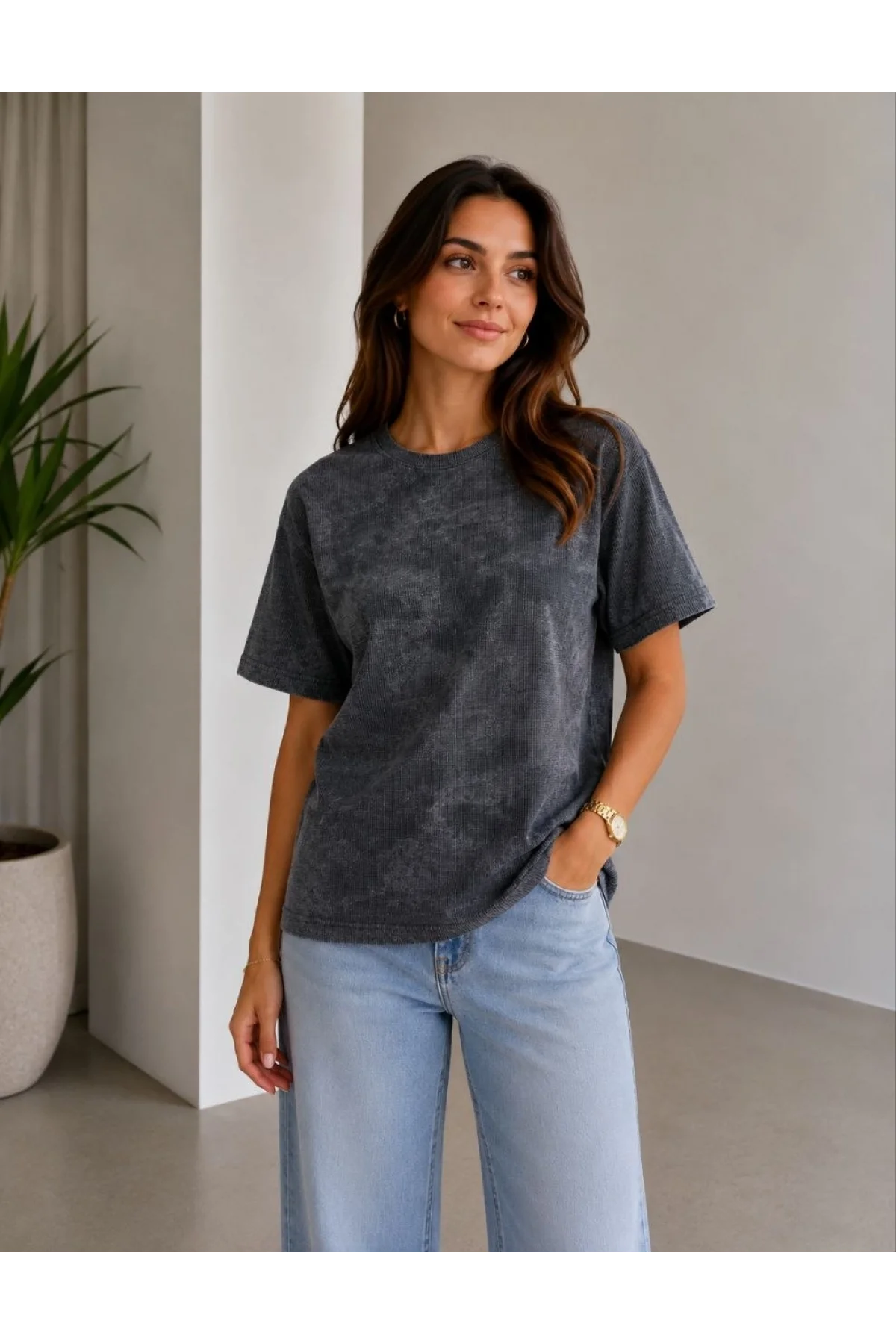 Kadın Batik Desenli Tişört Bisiklet Yaka Kısa Kol Regular Fit T-shirt - Siyah