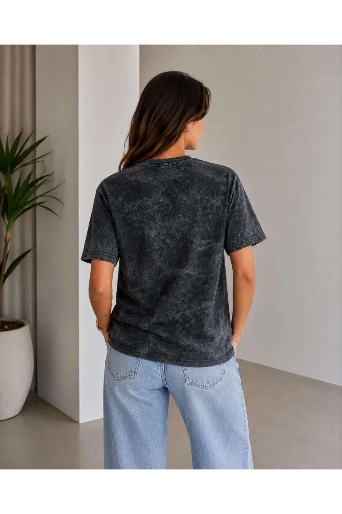 Kadın Batik Desenli Tişört Bisiklet Yaka Kısa Kol Regular Fit T-shirt - Siyah
