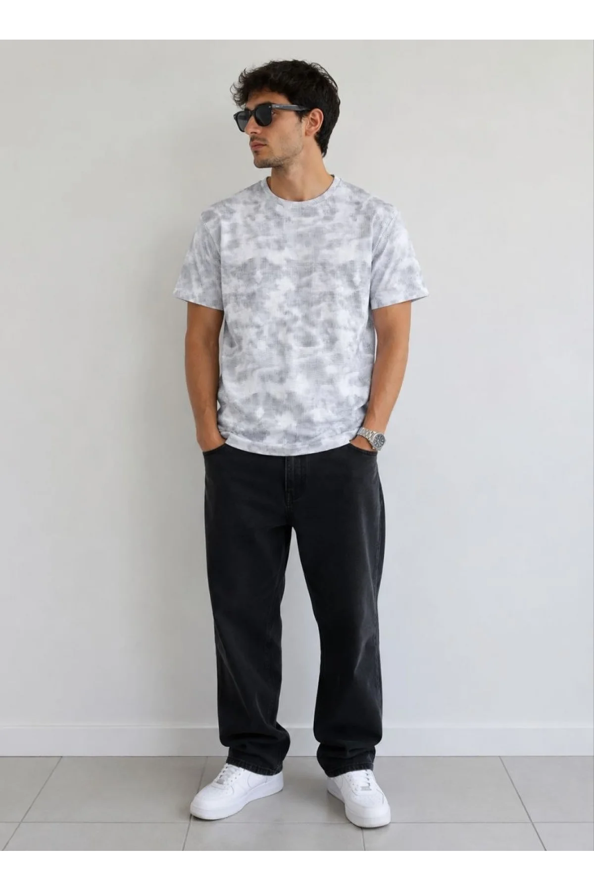 Erkek Batik Desenli Tişört Bisiklet Yaka Kısa Kol Regular Fit T-shirt - Gri