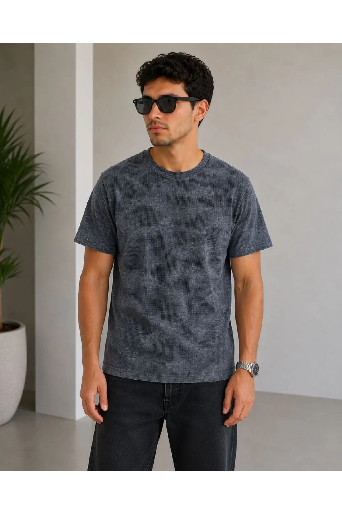 Erkek Batik Desenli Tişört Bisiklet Yaka Kısa Kol Regular Fit T-shirt - Füme