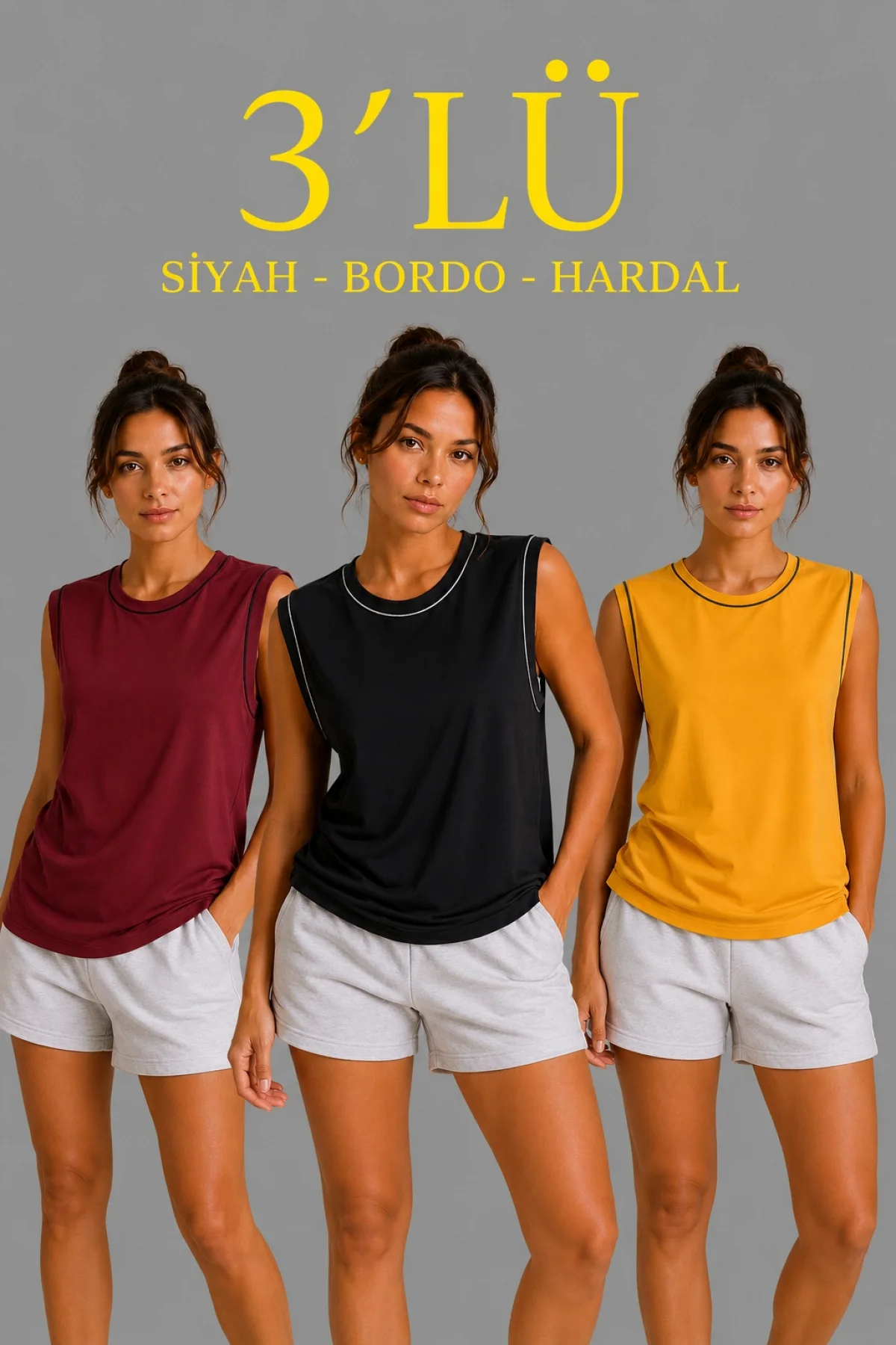 Kadın 3’lü Kolsuz Sporcu Atlet Seti Yazlık Bisiklet Yaka - Siyah, Bordo, Hardal