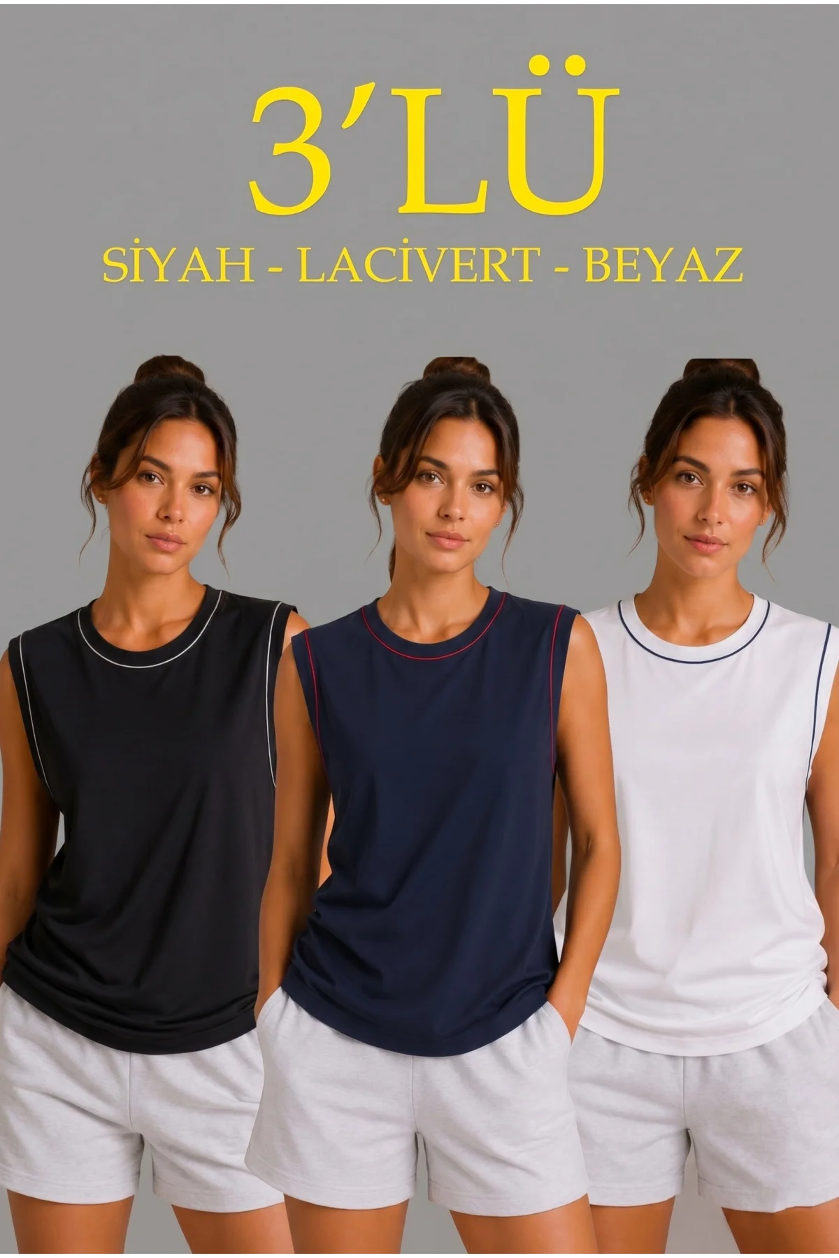 Kadın 3’lü Kolsuz Sporcu Atlet Seti Yazlık Bisiklet Yaka - Siyah, Lacivert, Beyaz