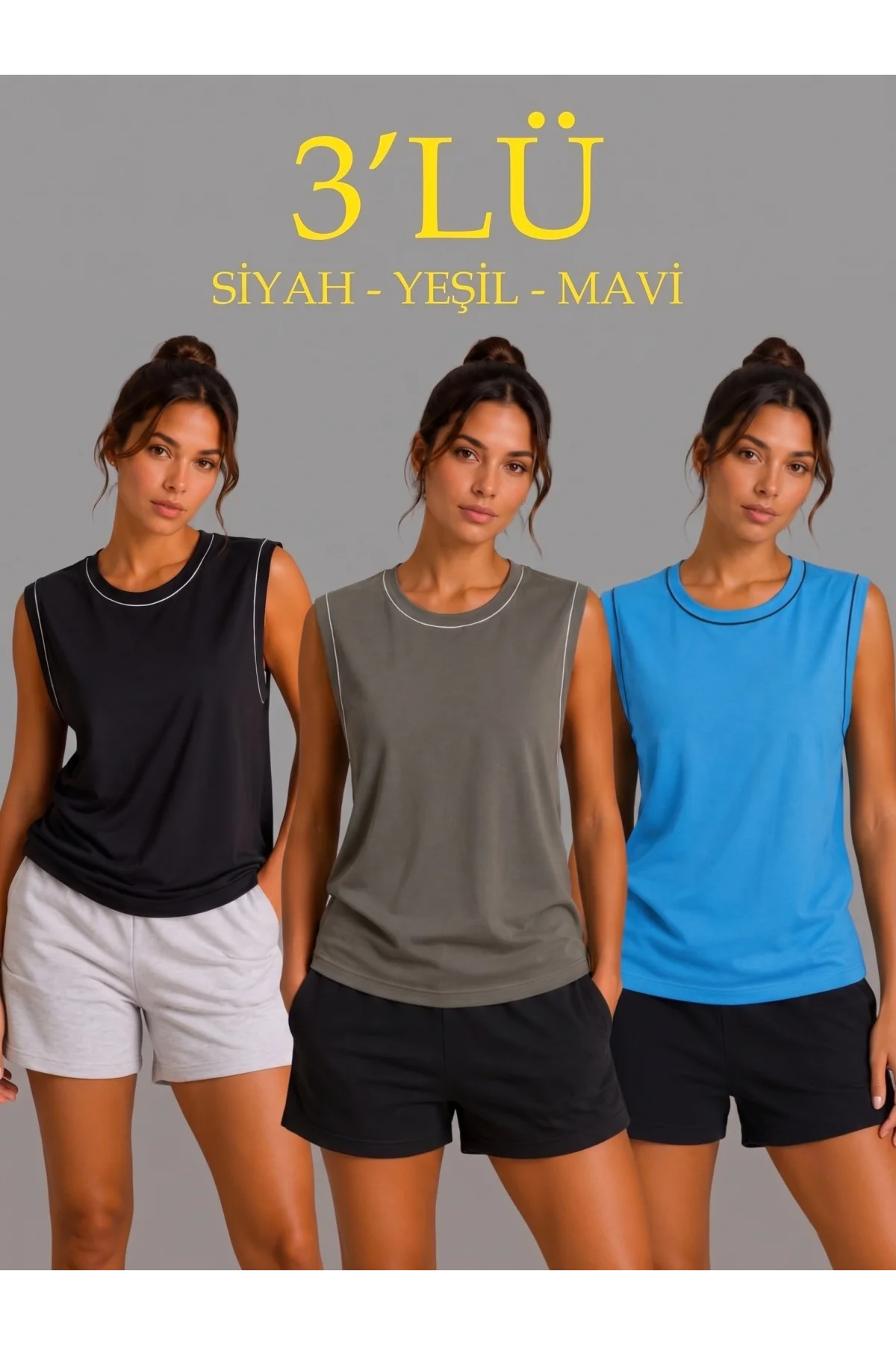 Kadın 3’lü Kolsuz Sporcu Atlet Seti Yazlık Bisiklet Yaka - Siyah, Haki, Mavi