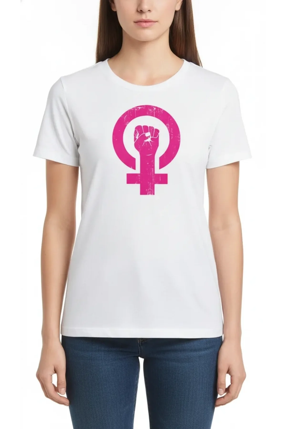 8 Mart Dünya Kadınlar Günü Baskılı Oversize Bisiklet Yaka T-shirt - Beyaz