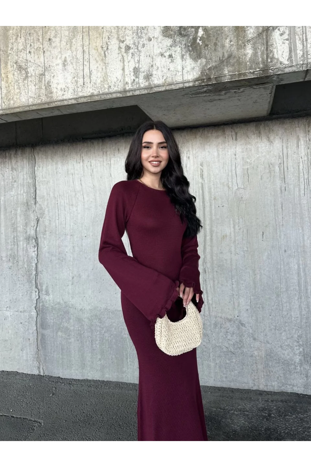 Acık Sırt Detaylı Maxi Uzun Boy Elbise- Bordo