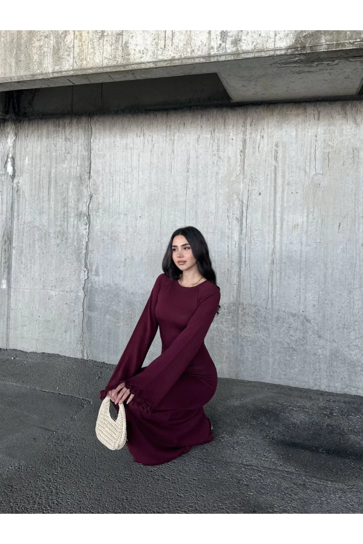 Acık Sırt Detaylı Maxi Uzun Boy Elbise- Bordo