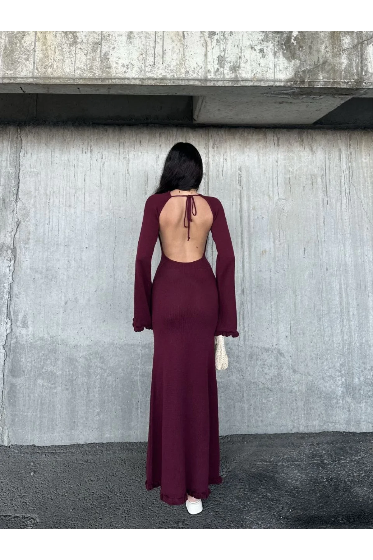Acık Sırt Detaylı Maxi Uzun Boy Elbise- Bordo