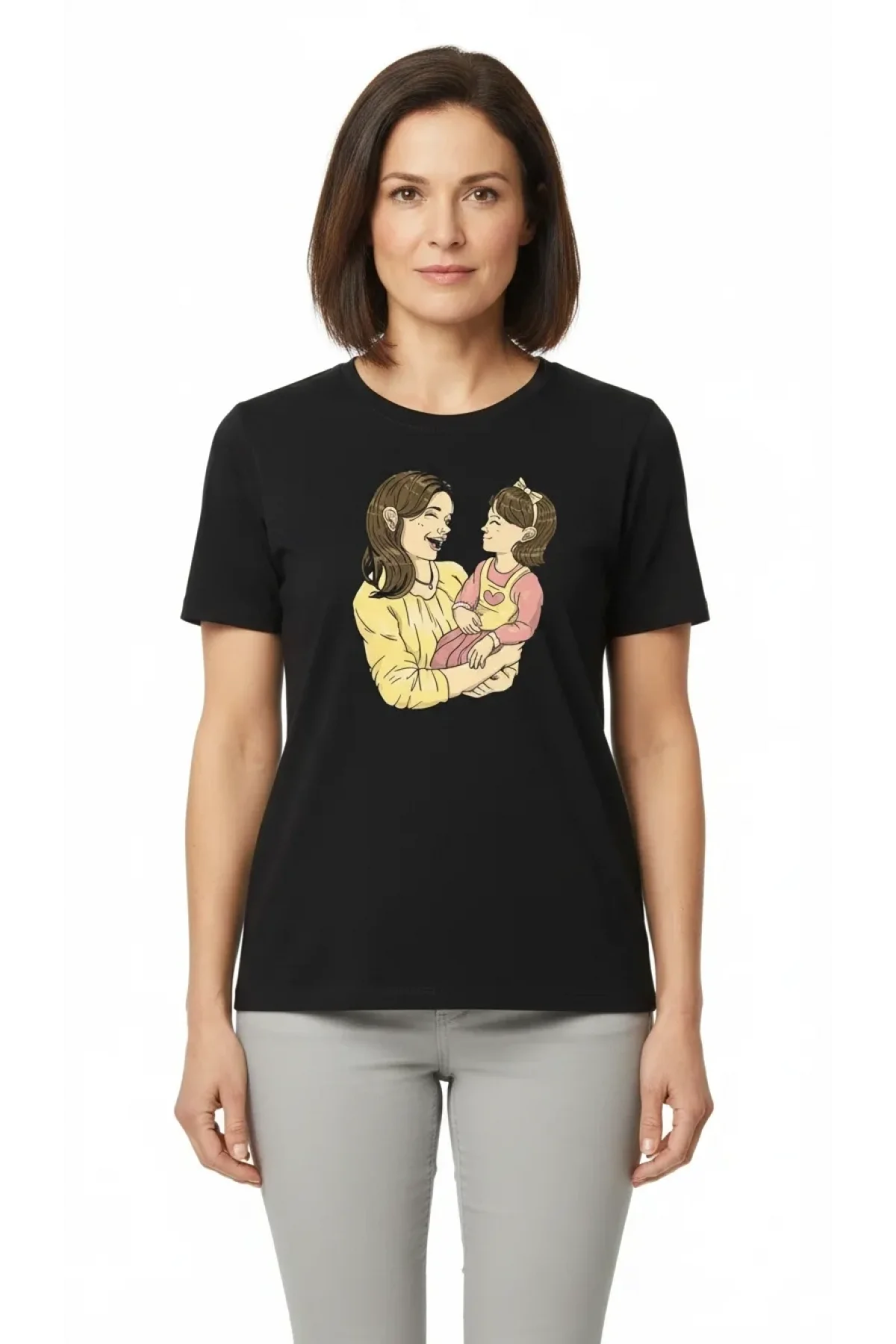 Anneler Günü Hediye Anne Kız Temalı Baskılı Oversize Bisiklet Yaka T-shirt - Siyah