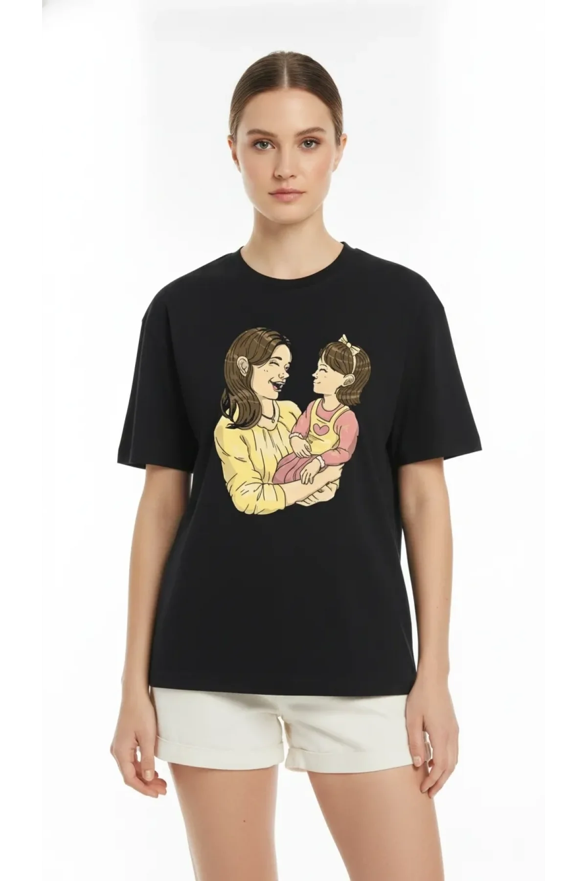 Anneler Günü Hediye Anne Kız Temalı Baskılı Oversize Bisiklet Yaka T-shirt - Siyah