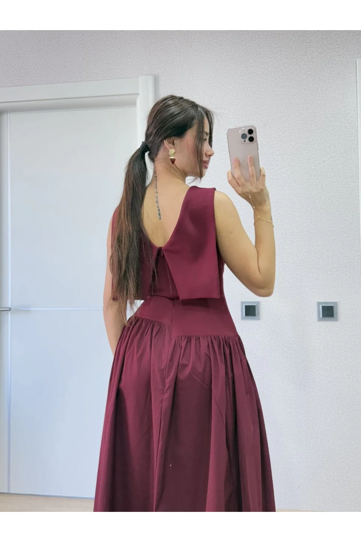 Krep Arkası Kanat Arka Ön Pens Detaylı Uzun Kadın Elbise - Bordo