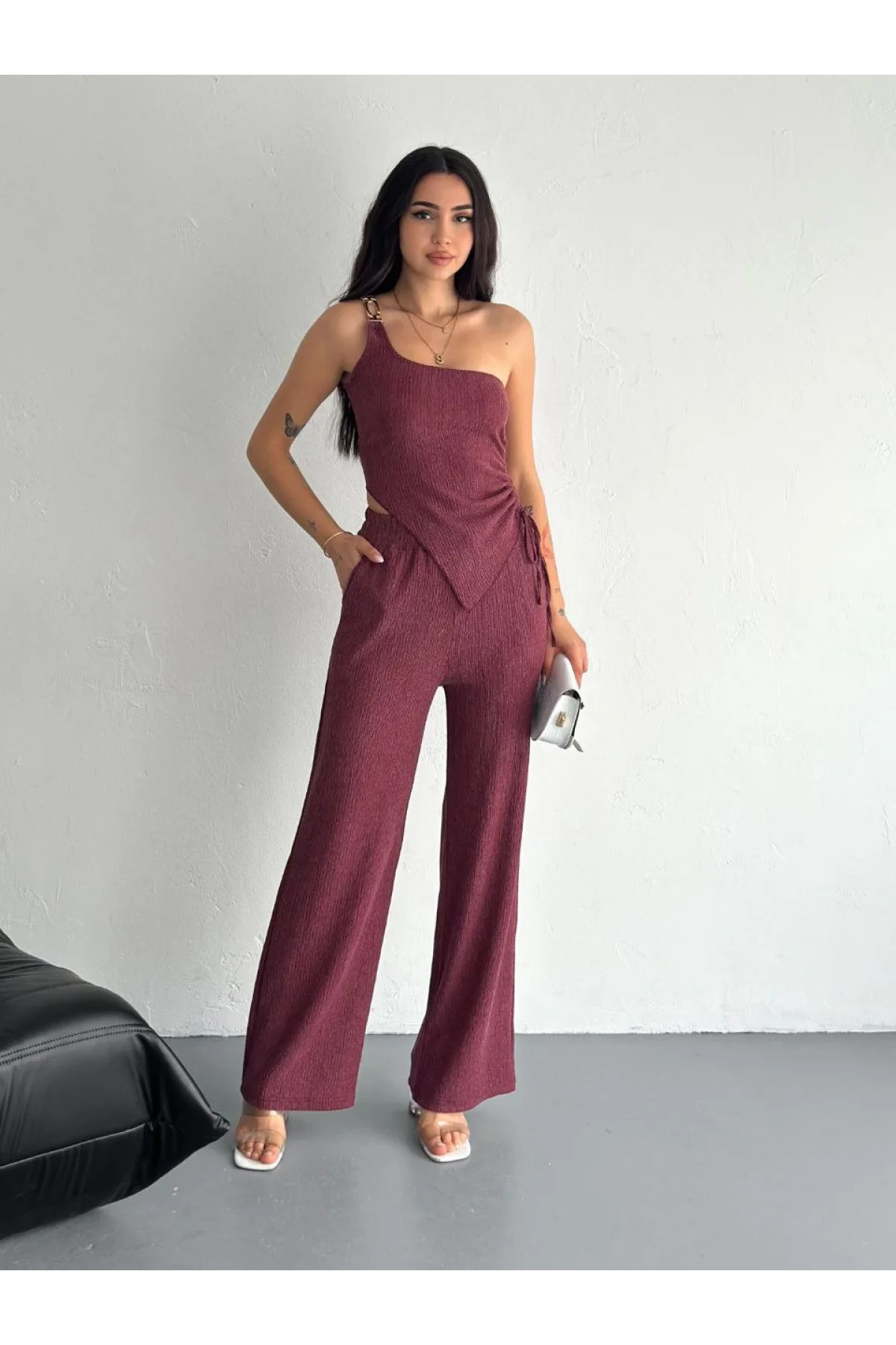 Asimetrik Crop Pantalon ikili Takım - Gül Kurusu