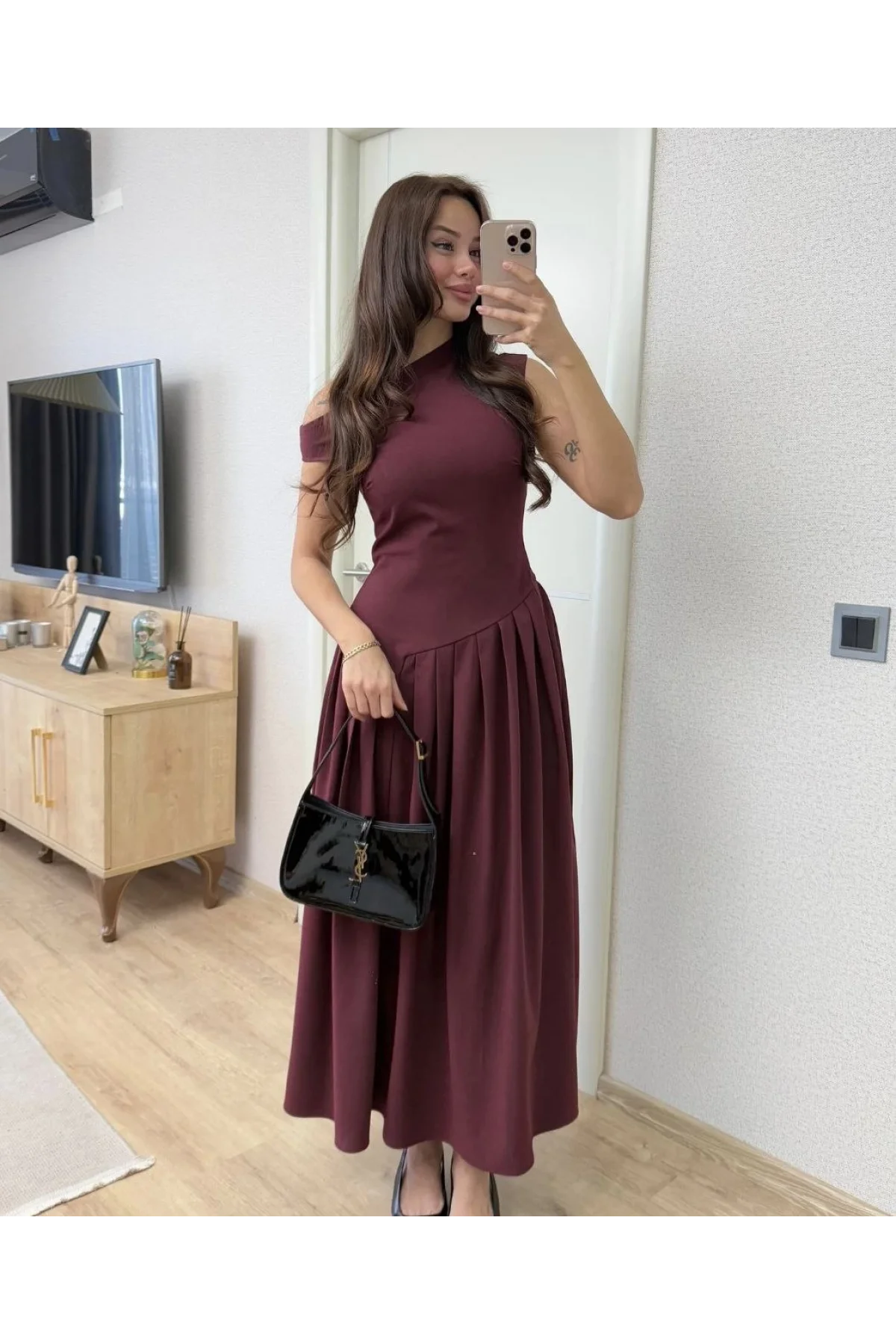 Asimetrik düşük yaka Kolsuz Uzun Elbise - Bordo