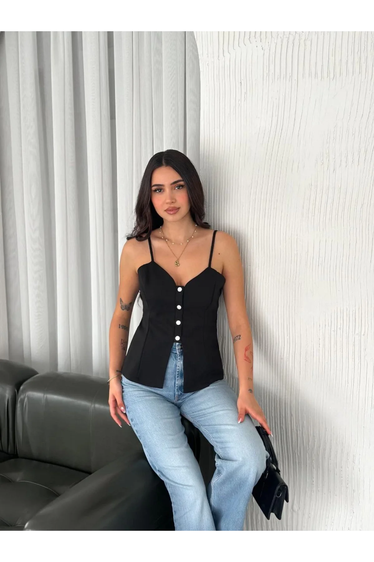 Askılı Dekolte deraylı bluz crop - Siyah