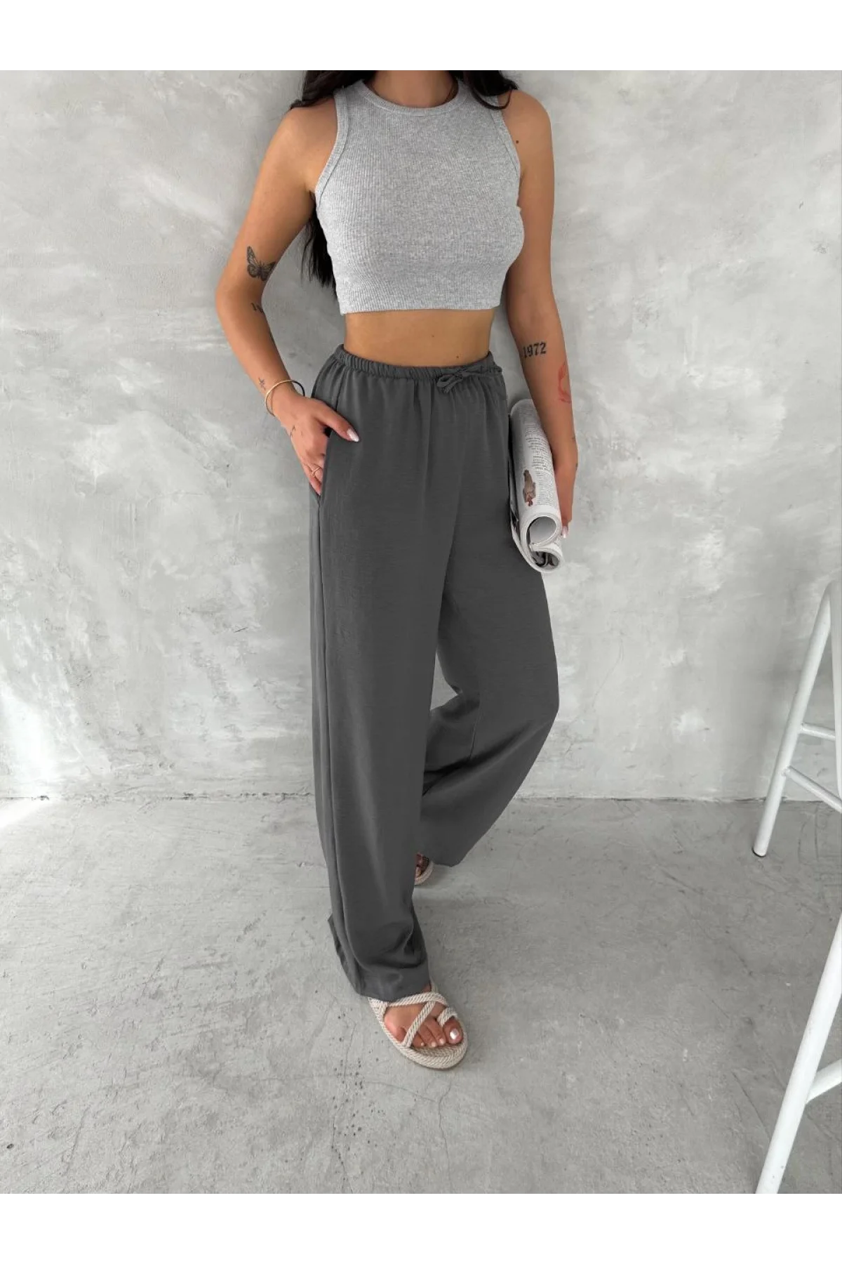 Ayrobin Oversize Kadın Pantalon - Füme