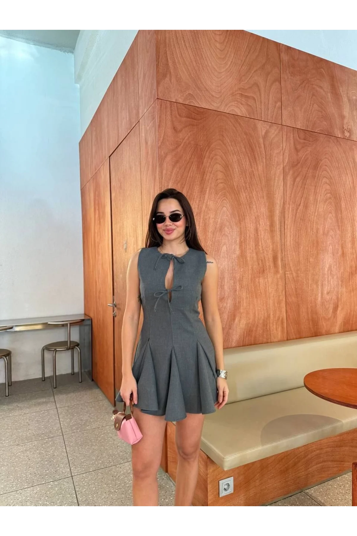 Bağcık detaylı Kolsuz Mini Elbise - Antrasit